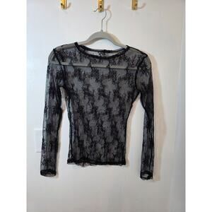 Black Sheer Stretch Mesh Flocked Floral Long Sleeve Top Size XS